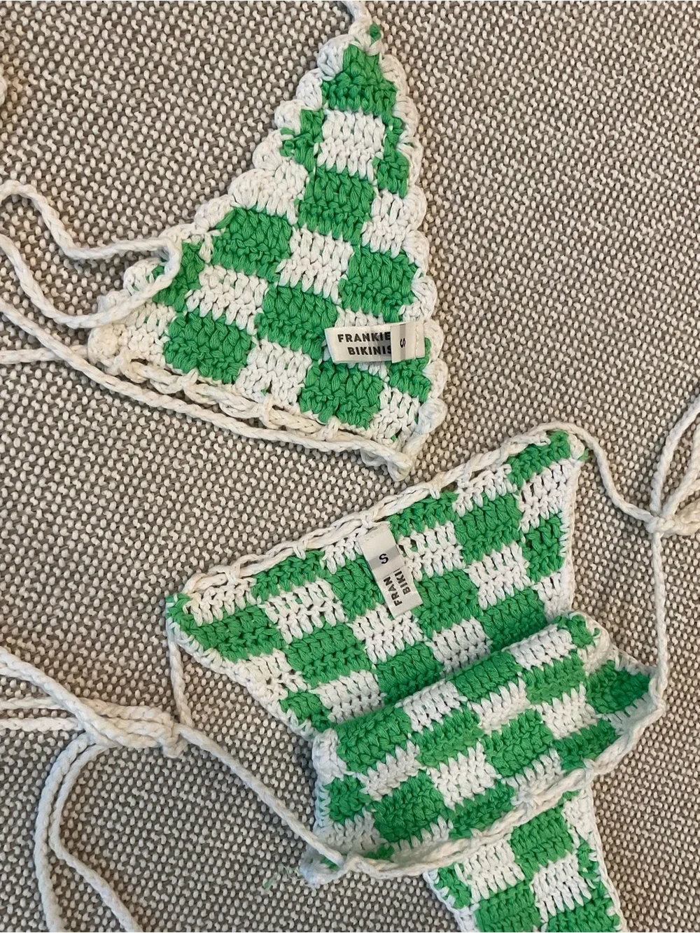 Frankies Bikinis Green & White Checkered Crochet Bikini Set